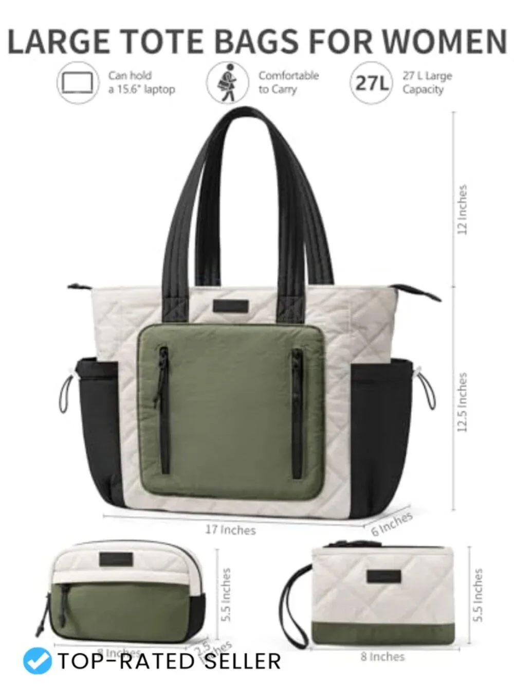 Lightweight Puffy Quilted Tote Bag Large Work Laptop Travel Gym